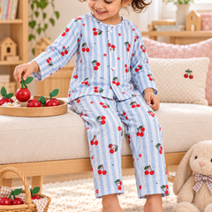 Cherry Stripe |Full Sleeves| 120 GSM Checkered Muslin Fabric |  Soft Unisex Muslin Set for New Born to 6 Years