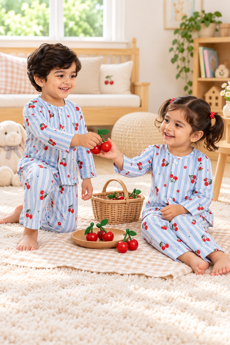 Cherry Stripe |Full Sleeves| 120 GSM Checkered Muslin Fabric |  Soft Unisex Muslin Set for New Born to 6 Years
