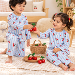 Cherry Stripe |Full Sleeves| 120 GSM Checkered Muslin Fabric |  Soft Unisex Muslin Set for New Born to 6 Years