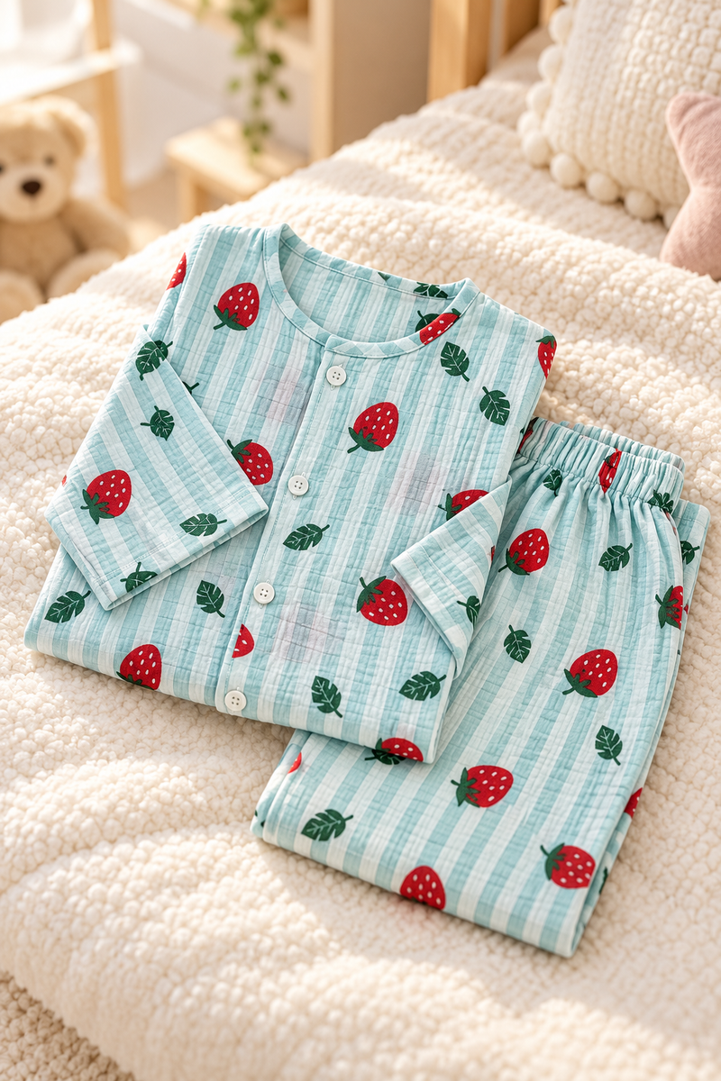 Berry Stripes |Full Sleeves| 120 GSM Checkered Muslin Fabric |  Soft Unisex Muslin Set for New Born to 6 Years