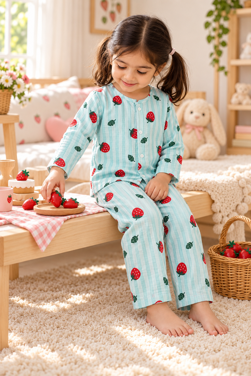 Berry Stripes |Full Sleeves| 120 GSM Checkered Muslin Fabric |  Soft Unisex Muslin Set for New Born to 6 Years