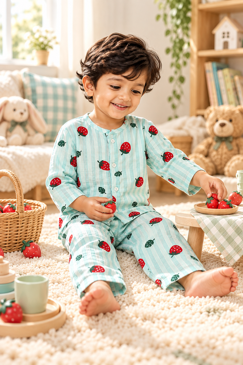 Berry Stripes |Full Sleeves| 120 GSM Checkered Muslin Fabric |  Soft Unisex Muslin Set for New Born to 6 Years