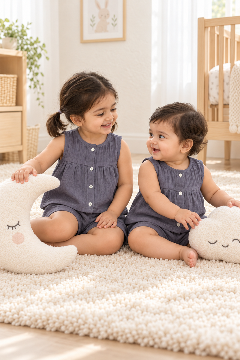Dark Grey Baby Girl Sleeveless Top and Shorts Set | Premium Crinkled Double Layered Muslin