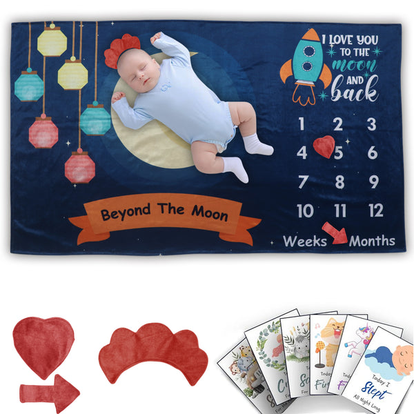 Moon N Back- Milestone Blanket Quilt with 6 Milestone Cards and Markers