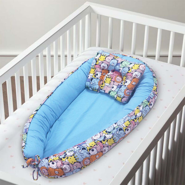 Kradyl Kroft Baby Boat Bed for Babies & Infants | Portable Baby Bedding Set with Pillow | Removable Covers | Double Side Baby Sleeping Bed | Baby Sleeping Pod (Zoo)