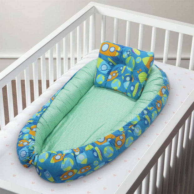 Kradyl Kroft Baby Boat Bed for Babies & Infants | Portable Baby Bedding Set with Pillow | Removable Covers | Double Side Baby Sleeping Bed | Baby Sleeping Pod (Rocket)