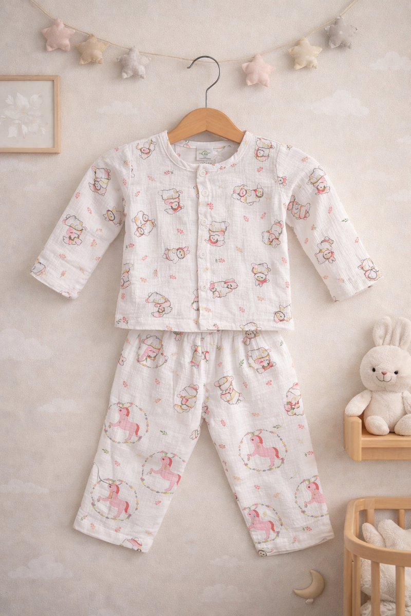 Cutie Pie - Kradyl Kroft Premium Crinkled Double Layered Soft Muslin Night Suit Set for New Born to 6 Years