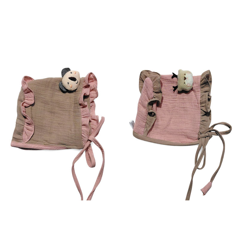 Pink Beige Kradyl Kroft Baby Caps Set of 2 with Soft Toy Embellishment