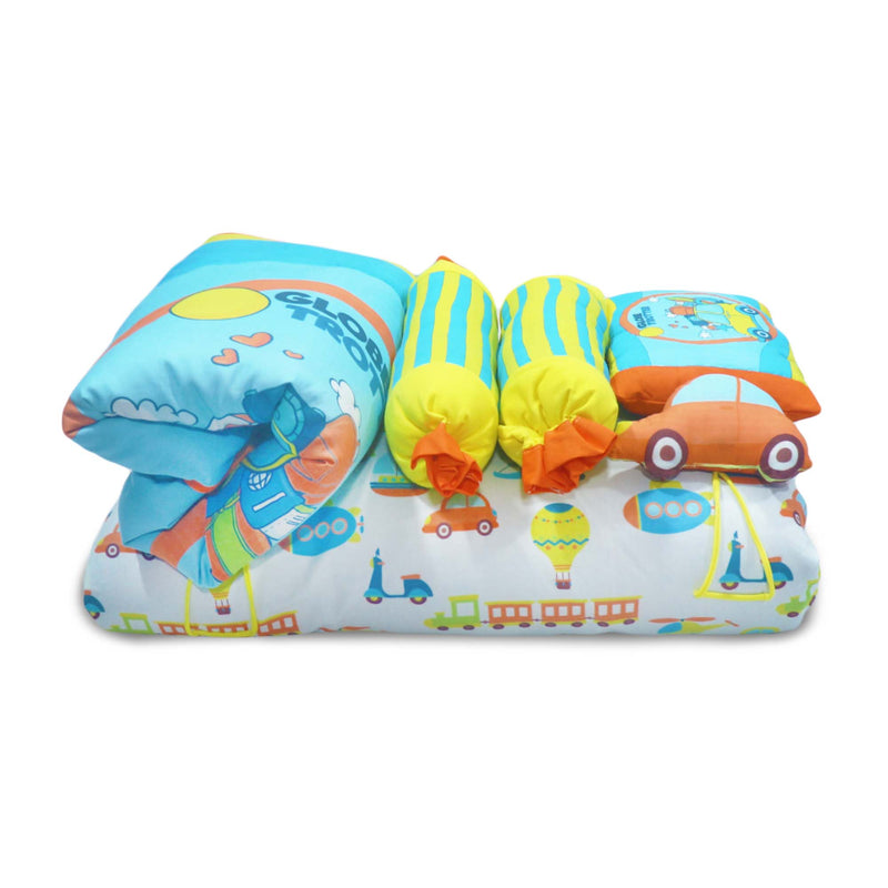 Kradyl Kroft 6 Pc Bedding Set for Infants | Baby Bedding Set | Baby Mattress with Quilt | Side Pillows | Head Pillow (Globetrotter)