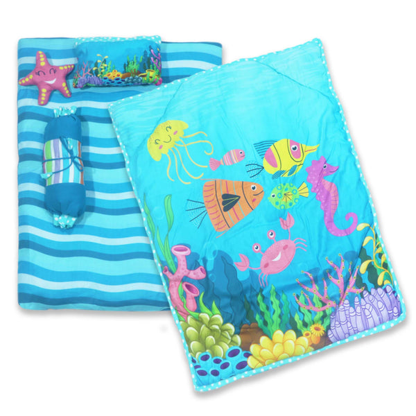 Kradyl Kroft 6 Pc Bedding Set for Infants | Baby Bedding Set | Baby Mattress with Quilt | Side Pillows | Head Pillow (Friends of The Ocean)