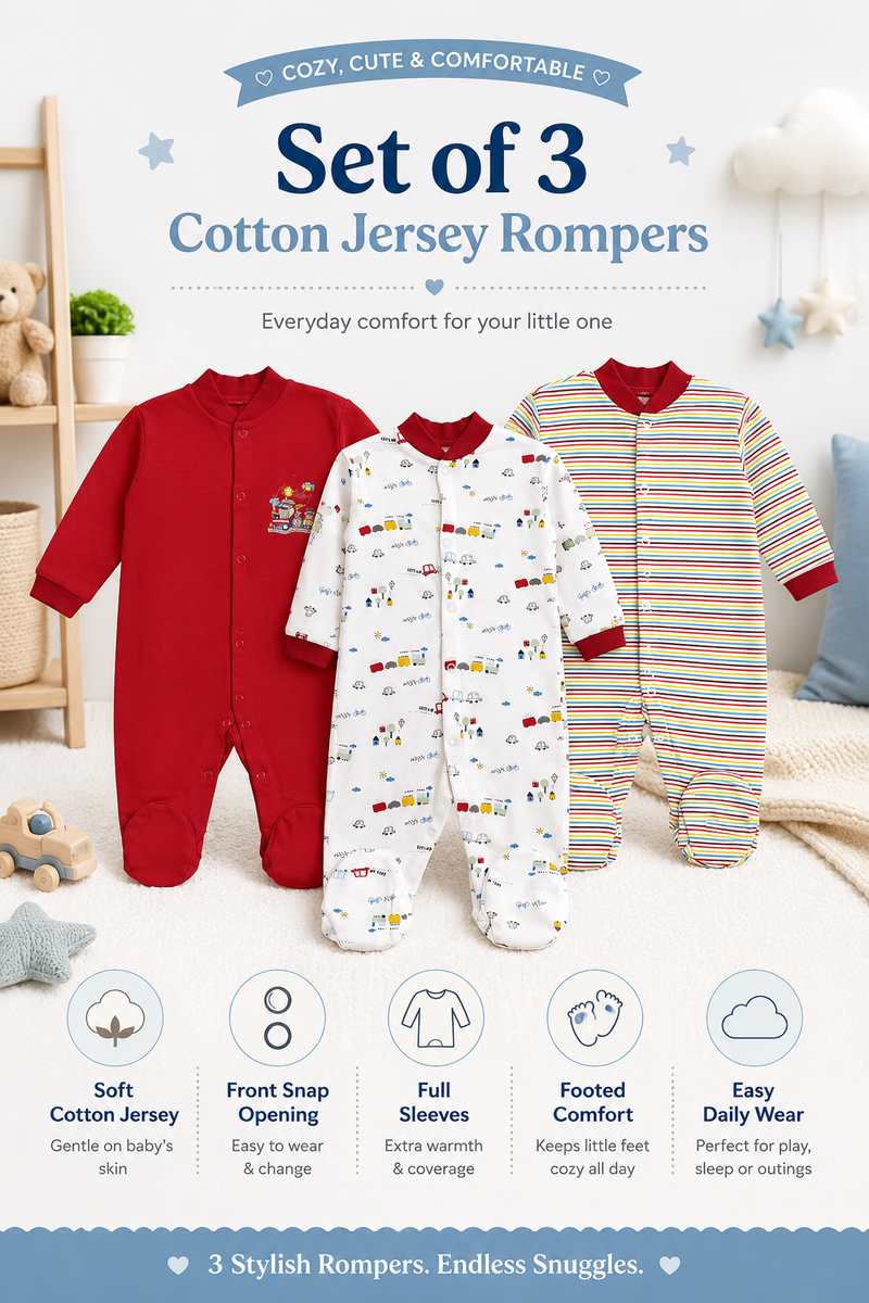 Set of 3 Unisex Full Sleeve Romper Bodysuit | Cotton Jersey Fabric - My Home