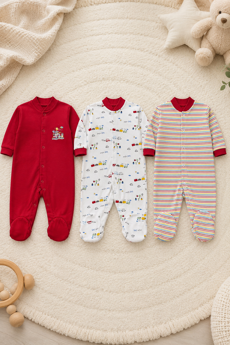 Set of 3 Unisex Full Sleeve Romper Bodysuit | Cotton Jersey Fabric - My Home