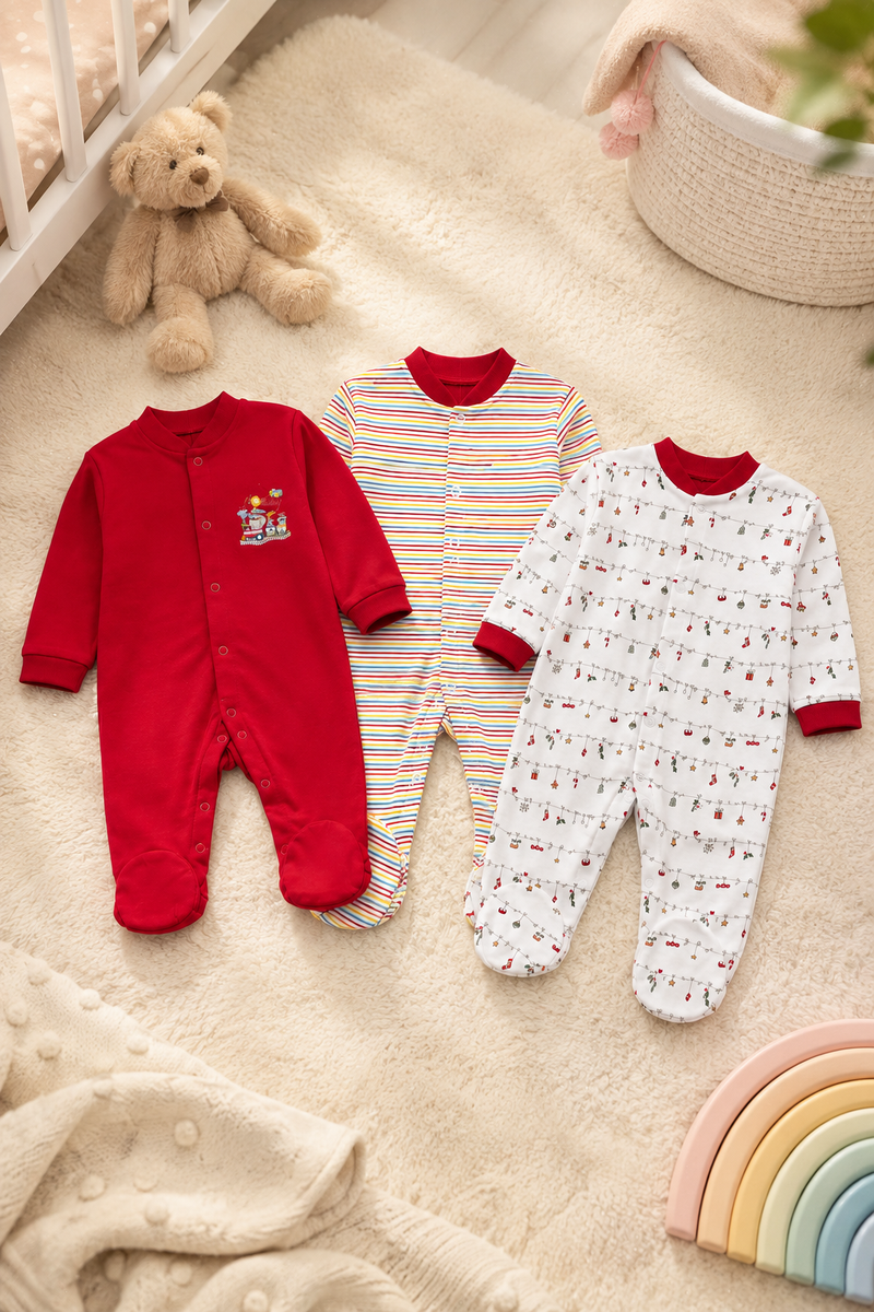 Set of 3 Unisex Full Sleeve Romper Bodysuit | Cotton Jersey Fabric - Celeb