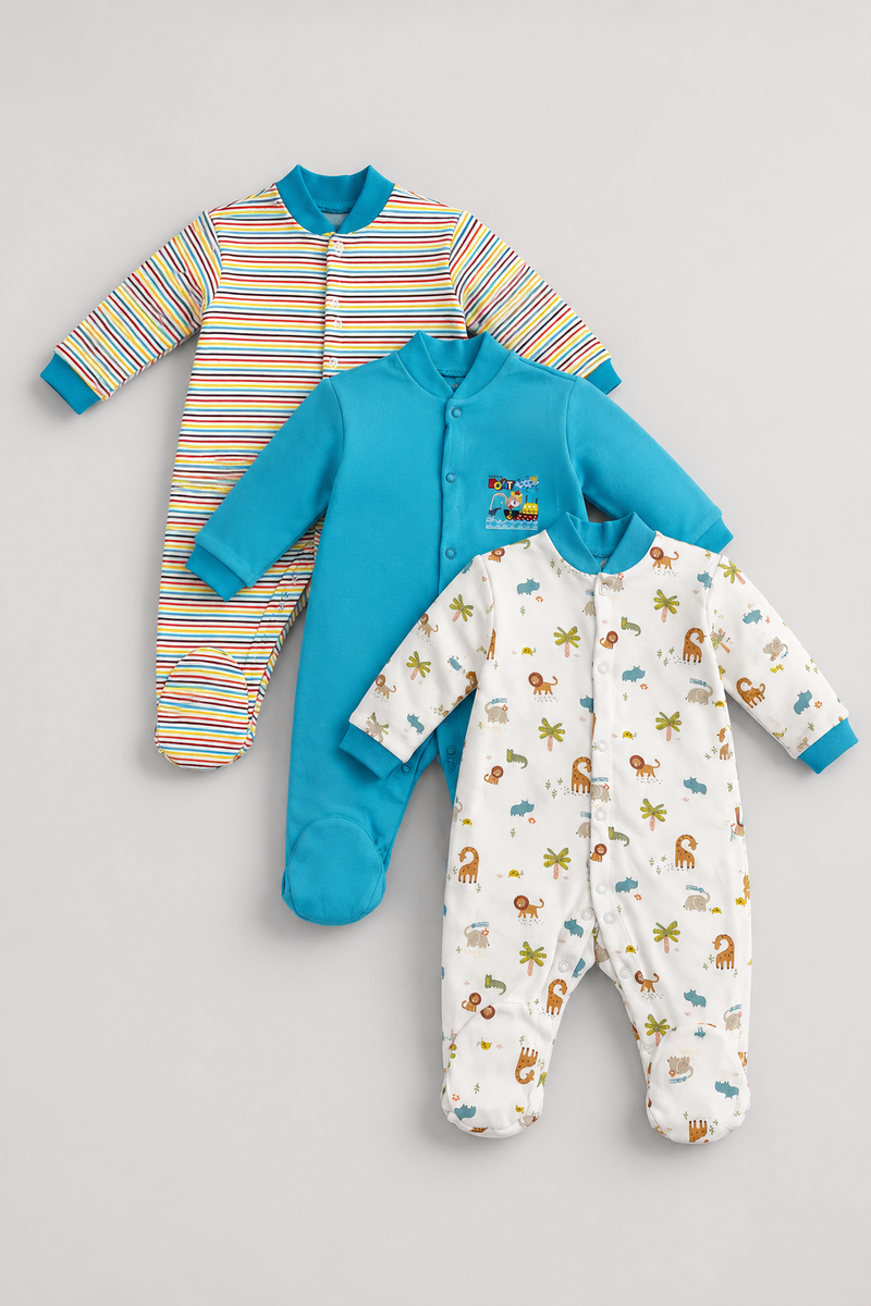 Set of 3 Unisex Full Sleeve Romper Bodysuit | Cotton Jersey Fabric - Merry Jungle