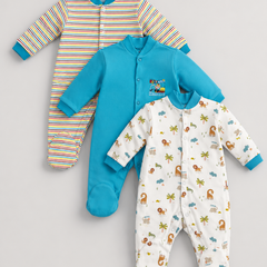 Set of 3 Unisex Full Sleeve Romper Bodysuit | Cotton Jersey Fabric - Merry Jungle