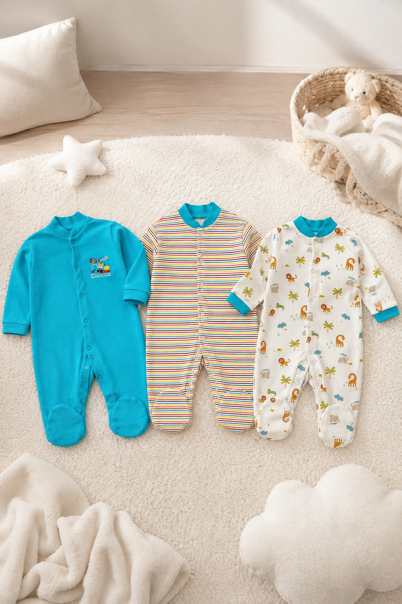 Set of 3 Unisex Full Sleeve Romper Bodysuit | Cotton Jersey Fabric - Merry Jungle