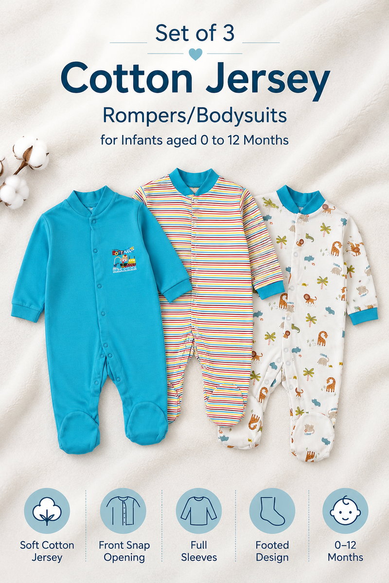 Set of 3 Unisex Full Sleeve Romper Bodysuit | Cotton Jersey Fabric - Merry Jungle