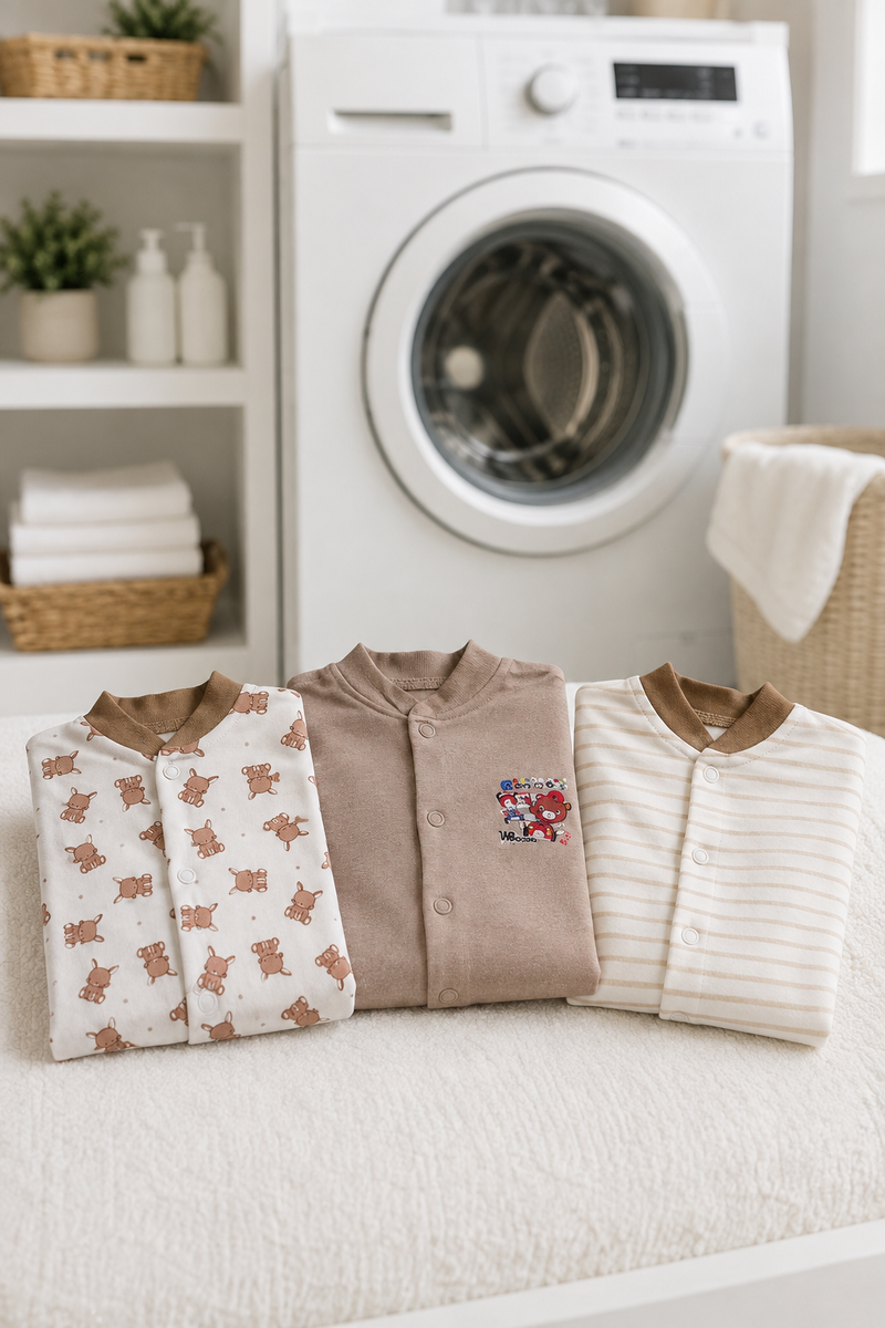 Set of 3 Unisex Full Sleeve Romper Bodysuit | Cotton Jersey Fabric - Beige