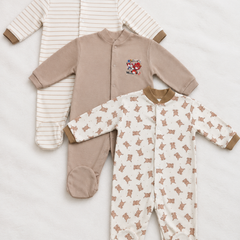 Set of 3 Unisex Full Sleeve Romper Bodysuit | Cotton Jersey Fabric - Beige
