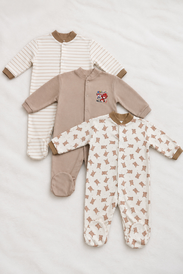 Set of 3 Unisex Full Sleeve Romper Bodysuit | Cotton Jersey Fabric - Beige