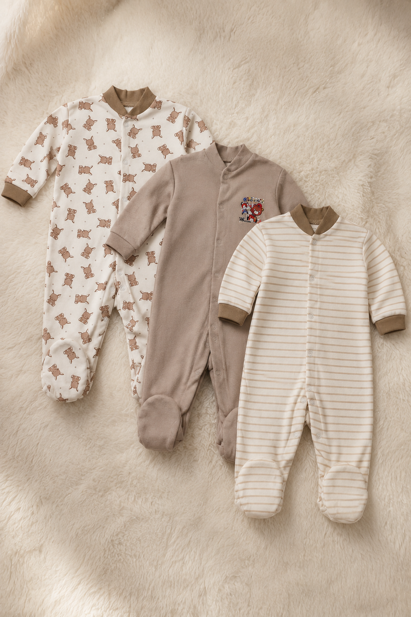 Set of 3 Unisex Full Sleeve Romper Bodysuit | Cotton Jersey Fabric - Beige