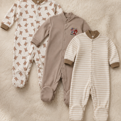 Set of 3 Unisex Full Sleeve Romper Bodysuit | Cotton Jersey Fabric - Beige