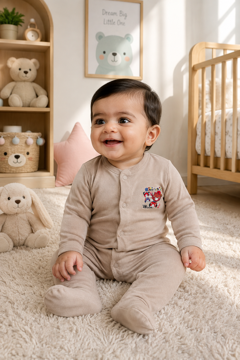 Set of 3 Unisex Full Sleeve Romper Bodysuit | Cotton Jersey Fabric - Beige