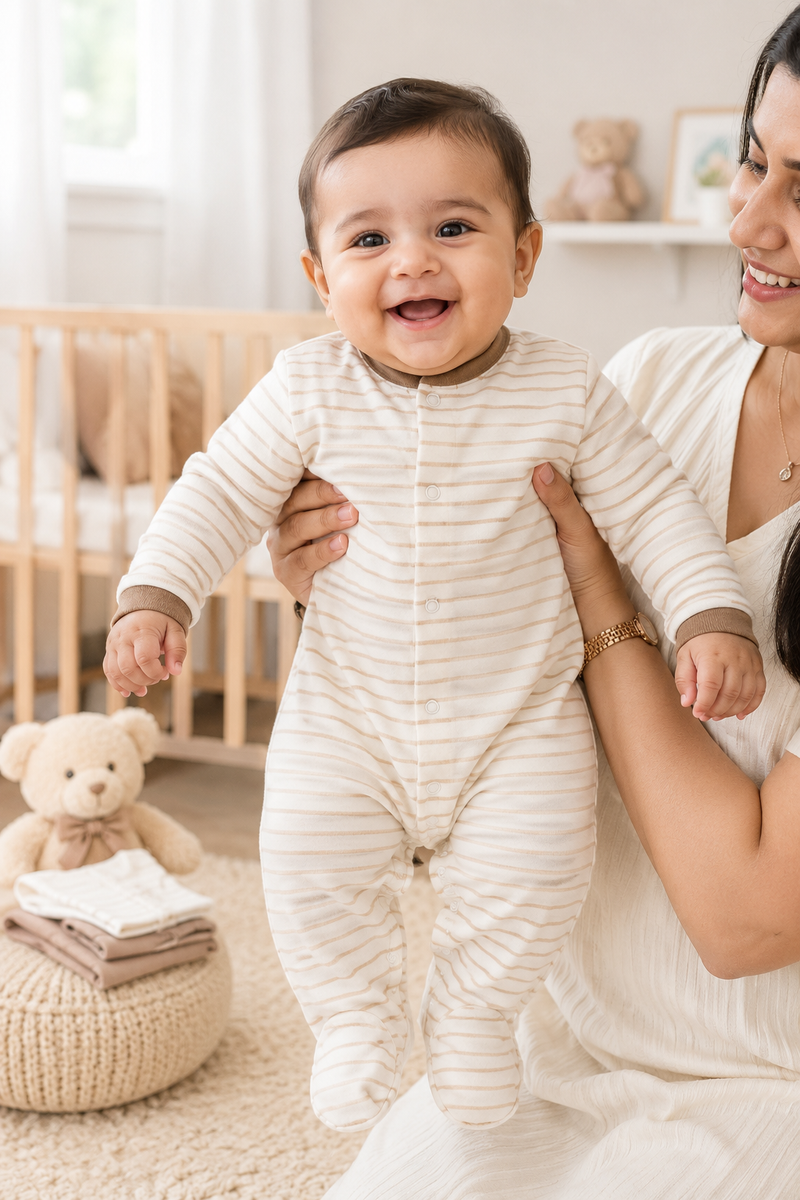 Set of 3 Unisex Full Sleeve Romper Bodysuit | Cotton Jersey Fabric - Beige