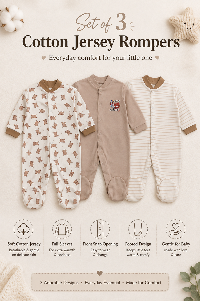 Set of 3 Unisex Full Sleeve Romper Bodysuit | Cotton Jersey Fabric - Beige