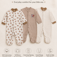 Set of 3 Unisex Full Sleeve Romper Bodysuit | Cotton Jersey Fabric - Beige
