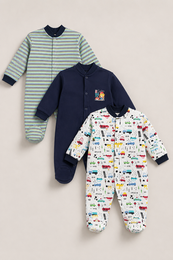 Set of 3 Unisex Full Sleeve Romper Bodysuit | Cotton Jersey Fabric - Big City