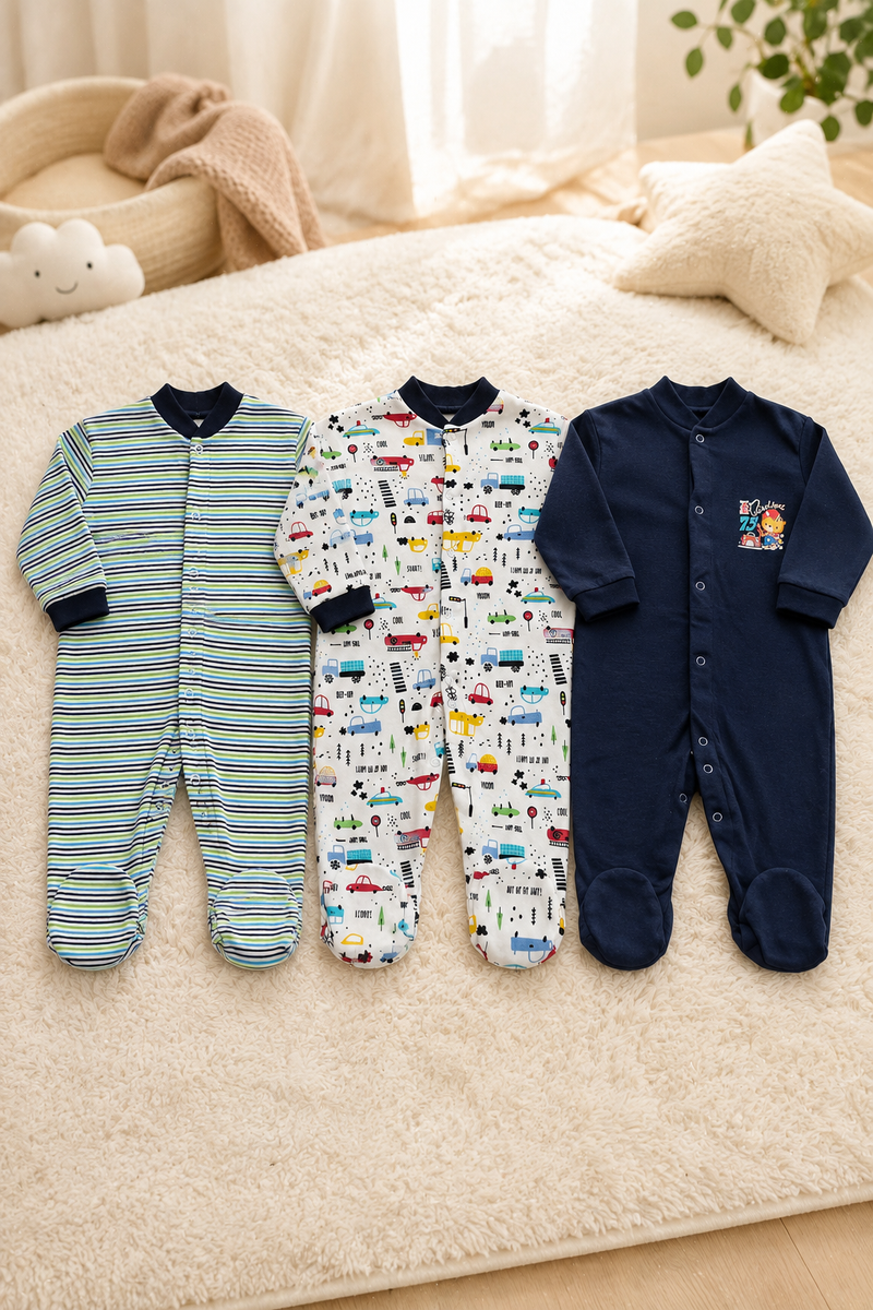 Set of 3 Unisex Full Sleeve Romper Bodysuit | Cotton Jersey Fabric - Big City