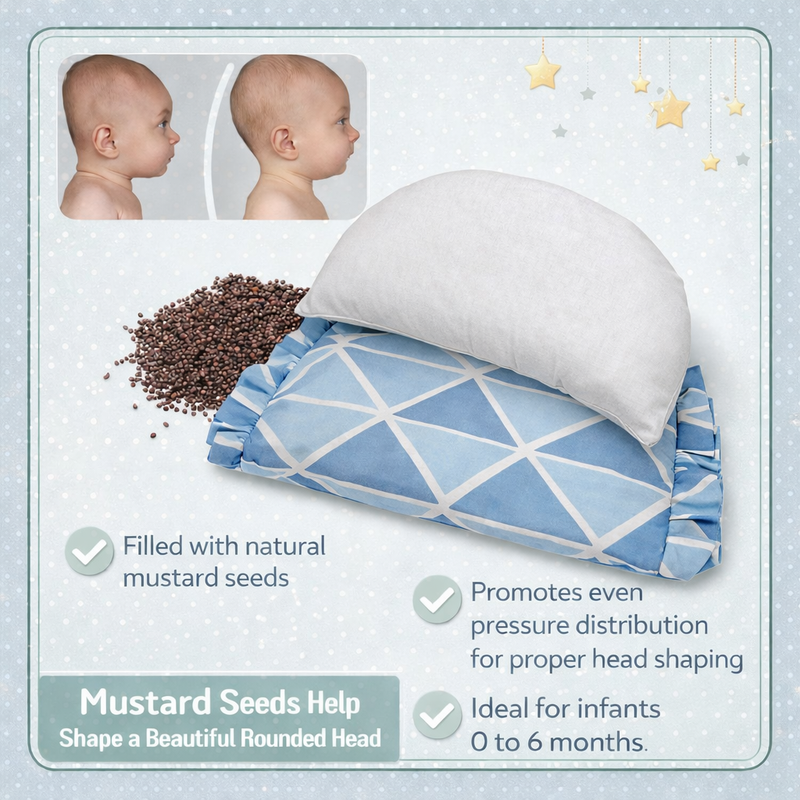 Kradyl Kroft Rai Mustard Seeds Head Shaping Pillow with 100% Cotton Removable Cover | New Born Pillow for Flat Head Prevention - Blue