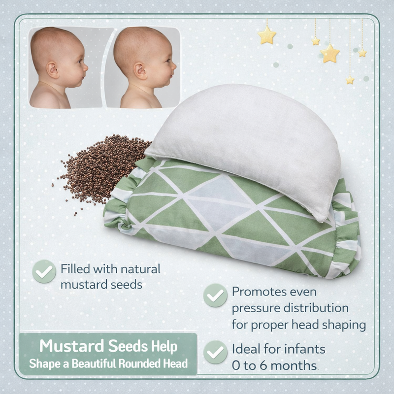 Kradyl Kroft Rai Mustard Seeds Head Shaping Pillow with 100% Cotton Removable Cover | New Born Pillow for Flat Head Prevention - Green
