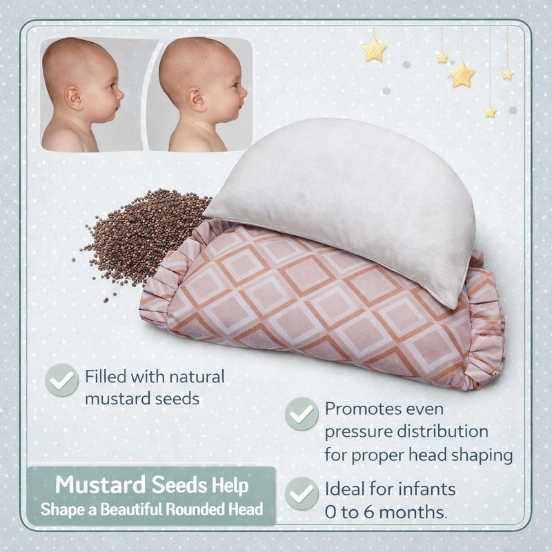 Kradyl Kroft Rai Mustard Seeds Head Shaping Pillow with 100% Cotton Removable Cover | New Born Pillow for Flat Head Prevention - Peach