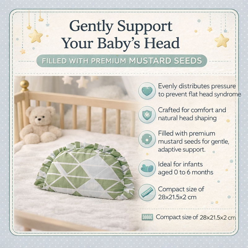 Kradyl Kroft Rai Mustard Seeds Head Shaping Pillow with 100% Cotton Removable Cover | New Born Pillow for Flat Head Prevention - Green