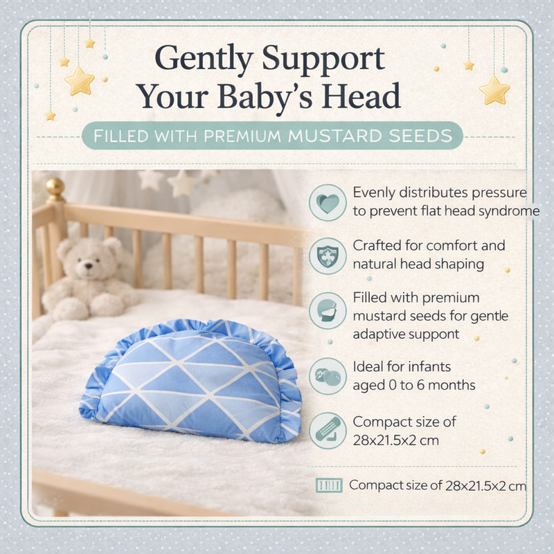 Kradyl Kroft Rai Mustard Seeds Head Shaping Pillow with 100% Cotton Removable Cover | New Born Pillow for Flat Head Prevention - Blue