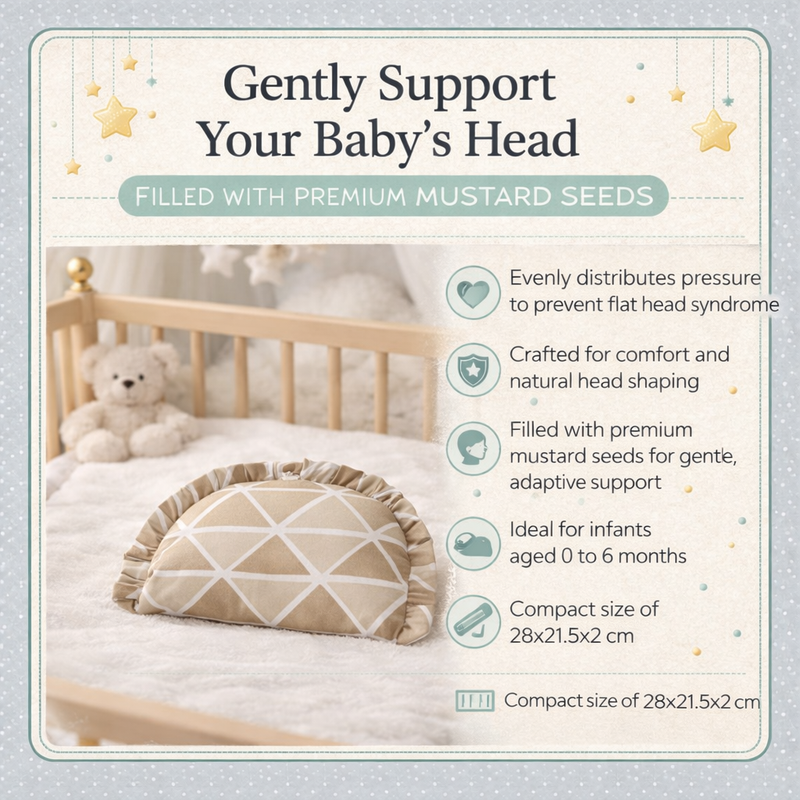 Kradyl Kroft Rai Mustard Seeds Head Shaping Pillow with 100% Cotton Removable Cover | New Born Pillow for Flat Head Prevention - Beige