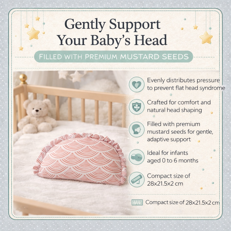 Kradyl Kroft Rai Mustard Seeds Head Shaping Pillow with 100% Cotton Removable Cover | New Born Pillow for Flat Head Prevention - Pink Shells