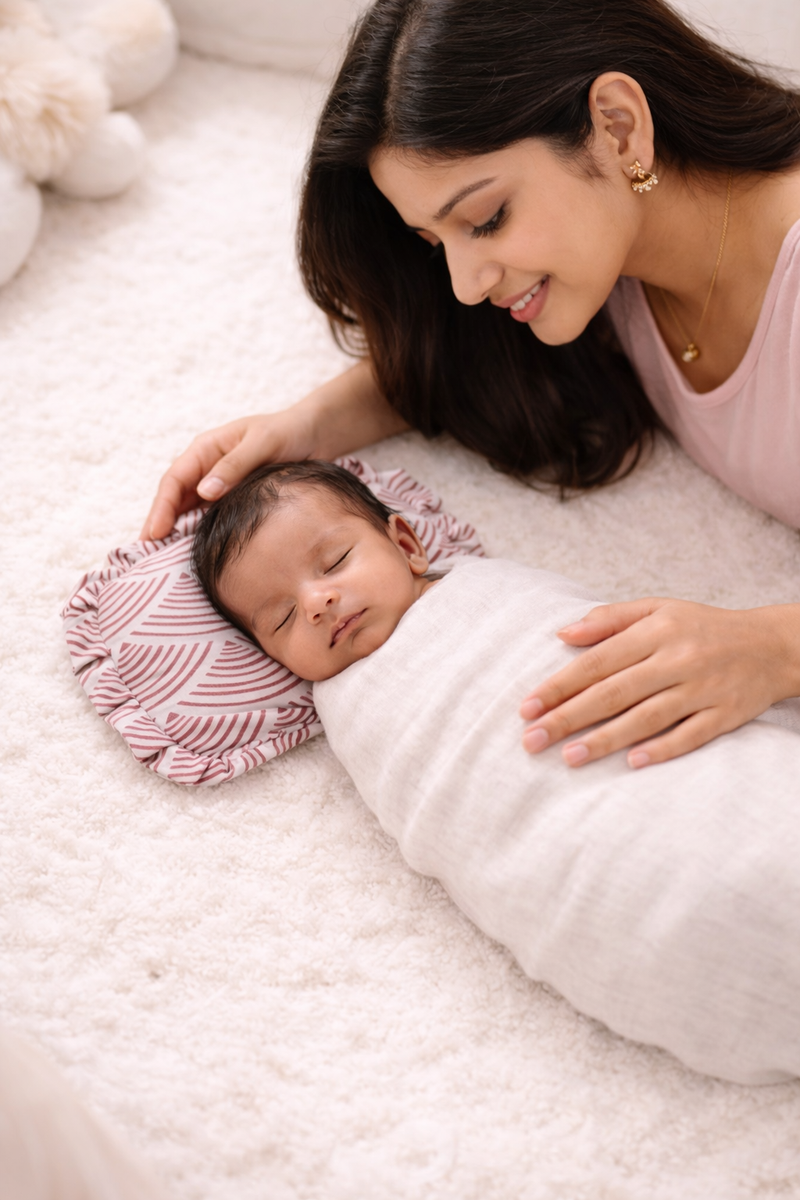 Kradyl Kroft Rai Mustard Seeds Head Shaping Pillow with 100% Cotton Removable Cover | New Born Pillow for Flat Head Prevention - Pink Shells
