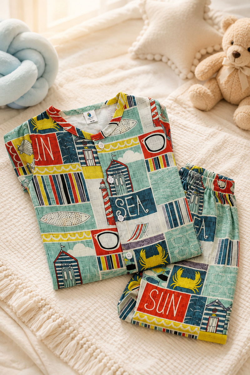 Sea Vibes |Half Sleeves| Checkered Muslin| Soft Unisex Muslin Set for New Born to 6 Years