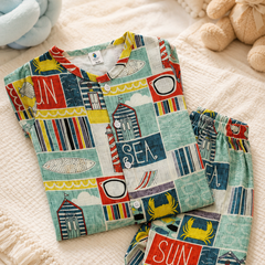 Sea Vibes |Half Sleeves| Checkered Muslin| Soft Unisex Muslin Set for New Born to 6 Years
