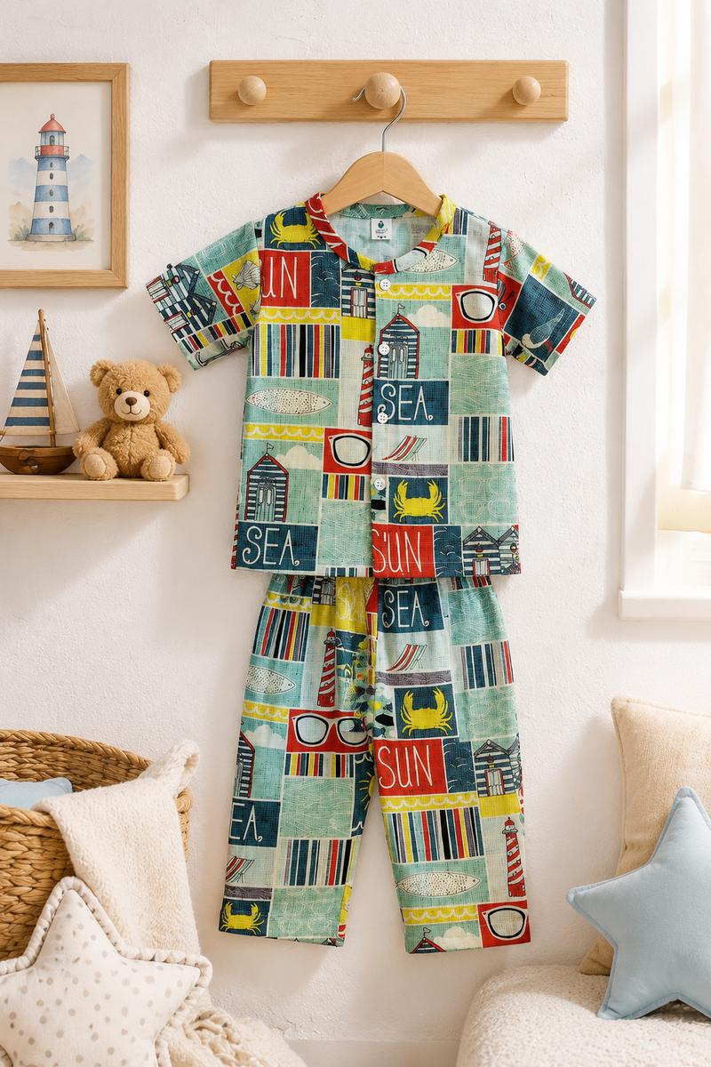 Sea Vibes |Half Sleeves| Checkered Muslin| Soft Unisex Muslin Set for New Born to 6 Years