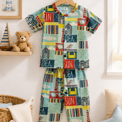 Sea Vibes |Half Sleeves| Checkered Muslin| Soft Unisex Muslin Set for New Born to 6 Years