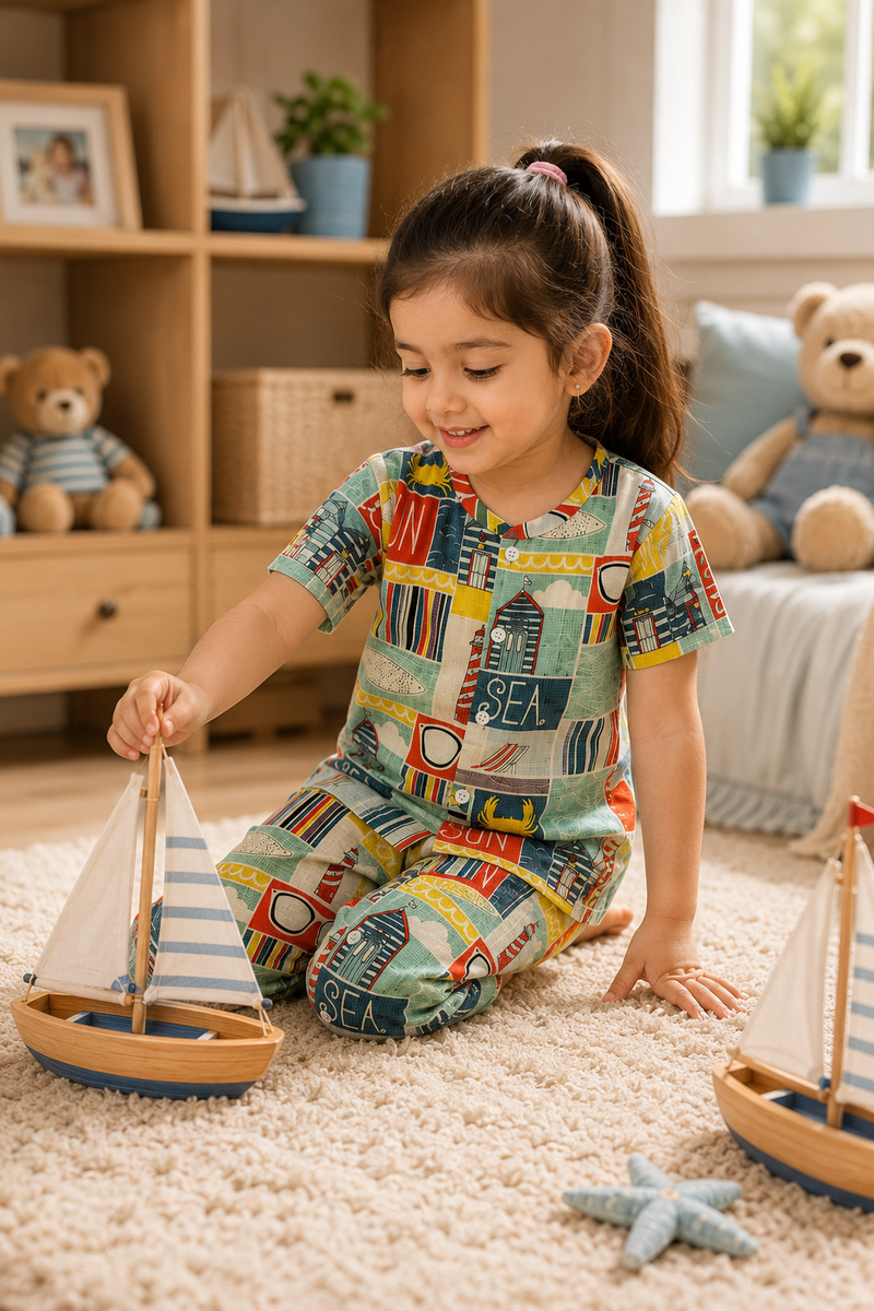 Sea Vibes |Half Sleeves| Checkered Muslin| Soft Unisex Muslin Set for New Born to 6 Years