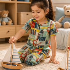 Sea Vibes |Half Sleeves| Checkered Muslin| Soft Unisex Muslin Set for New Born to 6 Years