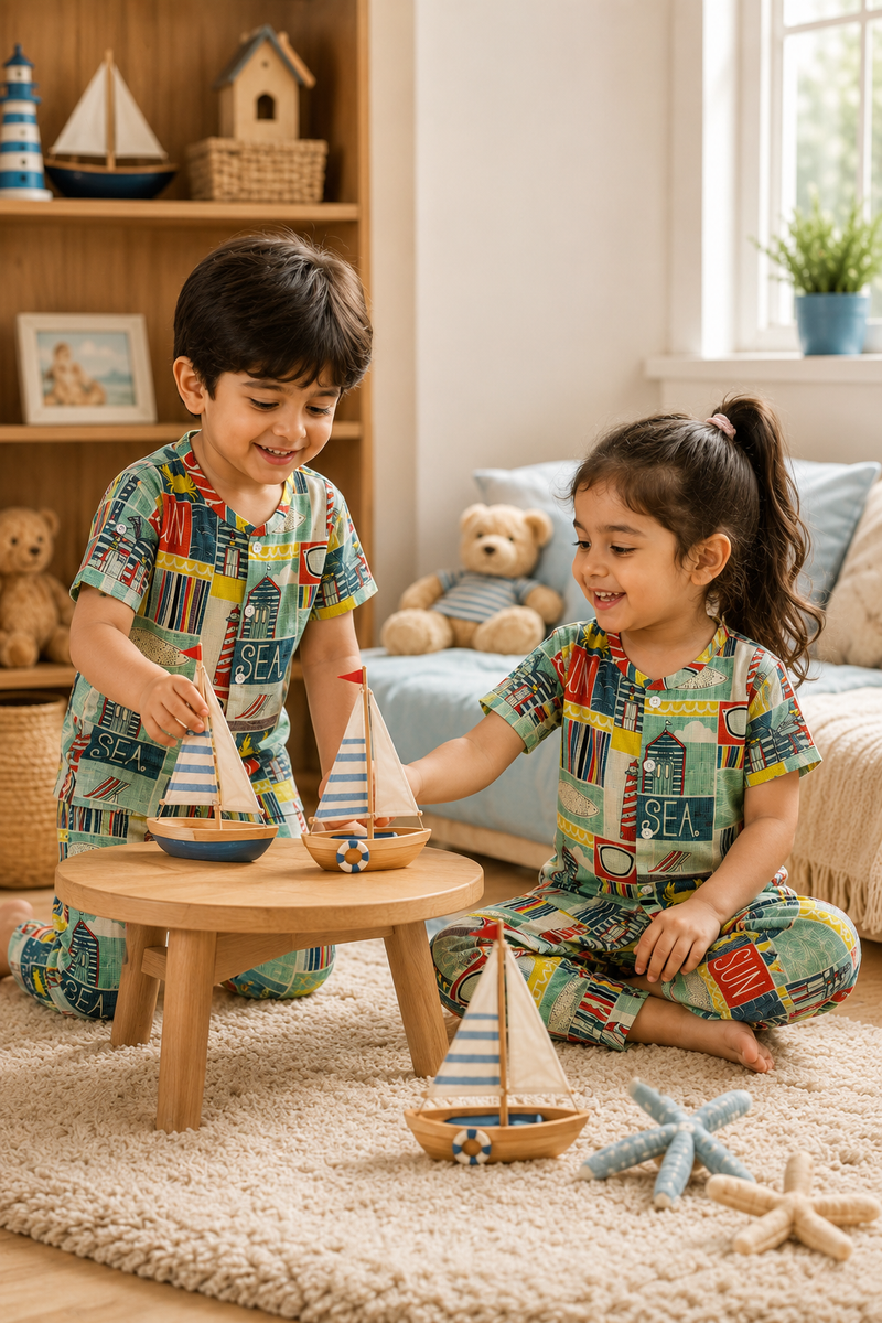 Sea Vibes |Half Sleeves| Checkered Muslin| Soft Unisex Muslin Set for New Born to 6 Years