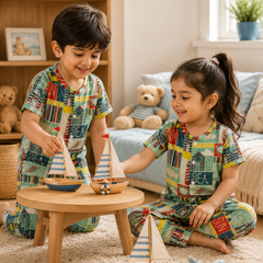 Sea Vibes |Half Sleeves| Checkered Muslin| Soft Unisex Muslin Set for New Born to 6 Years