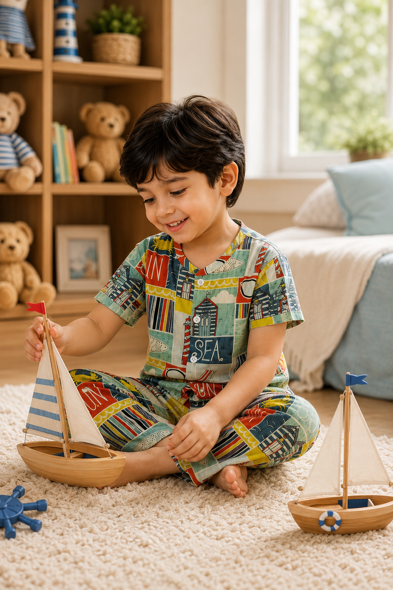 Sea Vibes |Half Sleeves| Checkered Muslin| Soft Unisex Muslin Set for New Born to 6 Years