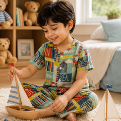 Sea Vibes |Half Sleeves| Checkered Muslin| Soft Unisex Muslin Set for New Born to 6 Years